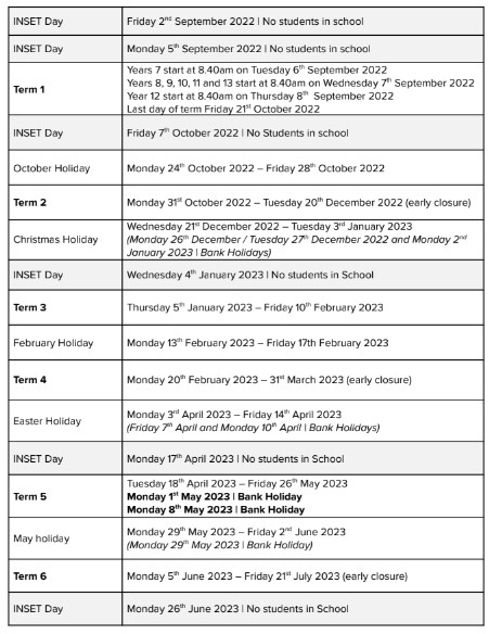 Greyfriars Catholic School Term Dates
